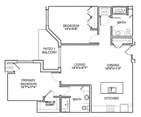 Floor plan for 2 beds, 2 baths, 1119 sqft